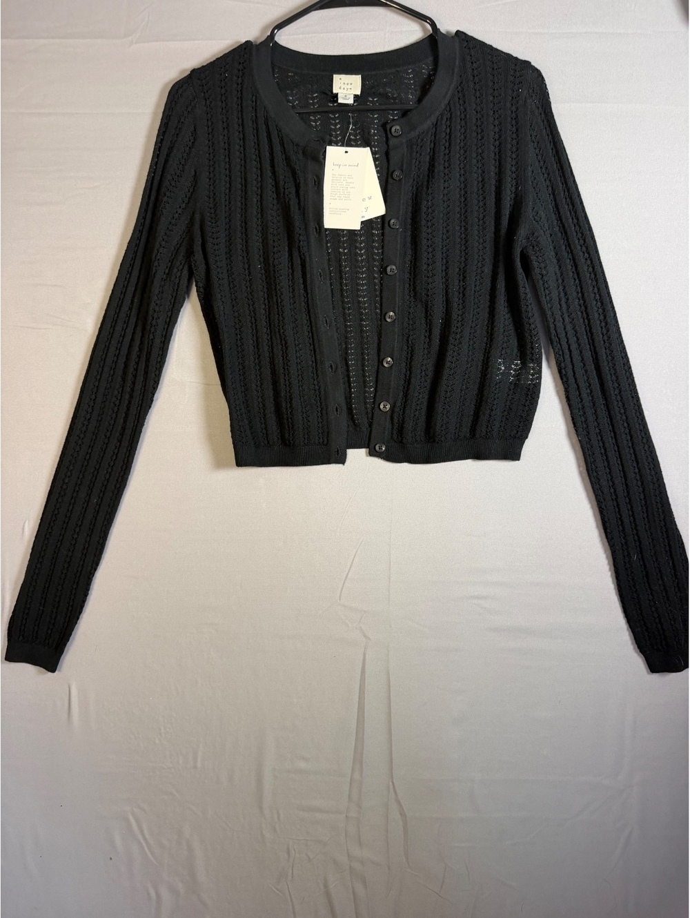 A New Day Cardigan Sweater Size S Black Pointelle Knit Long Sleeve